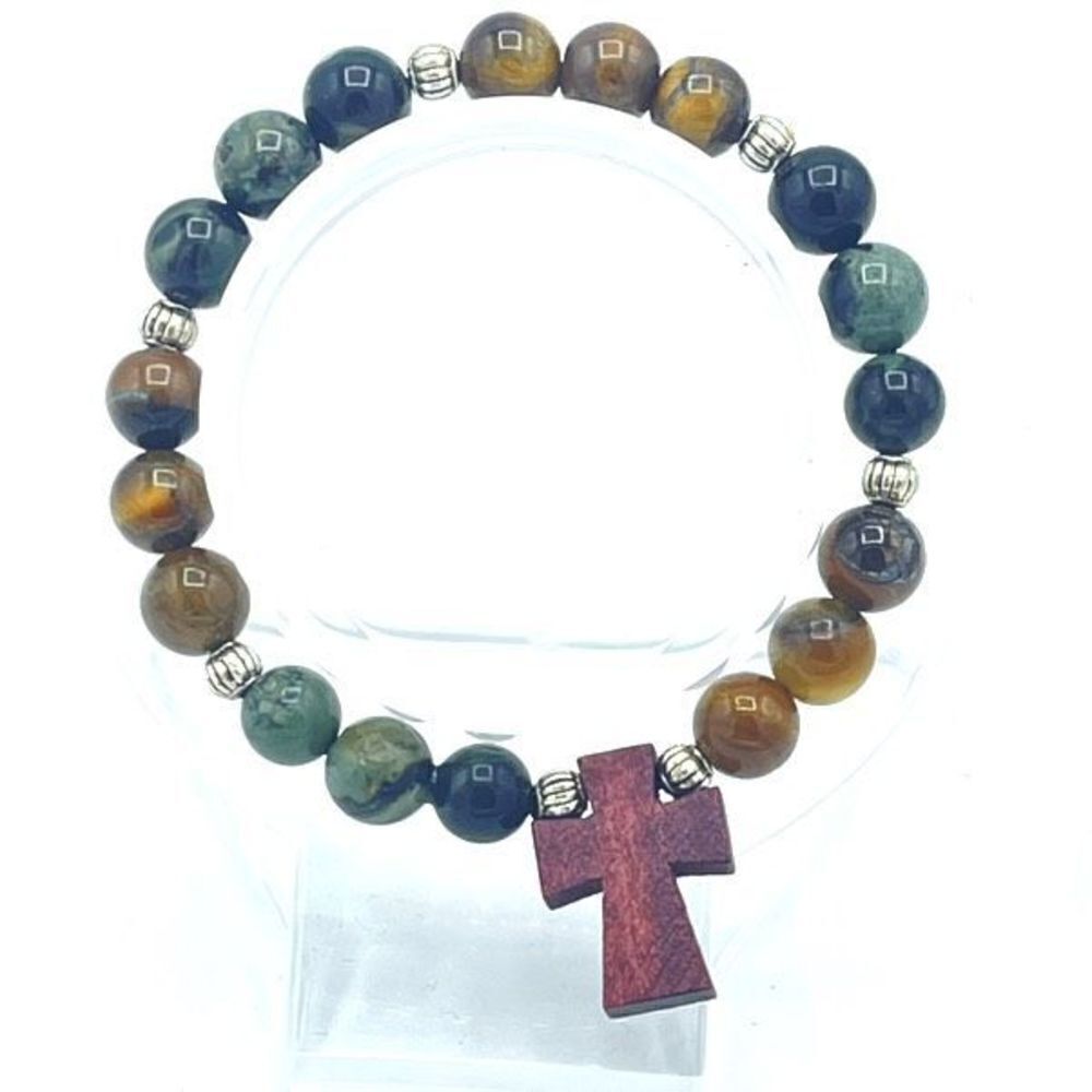 Crystal beaded stretch bracelet ONE NEW yellow tiger eye kambaba jasper cross re